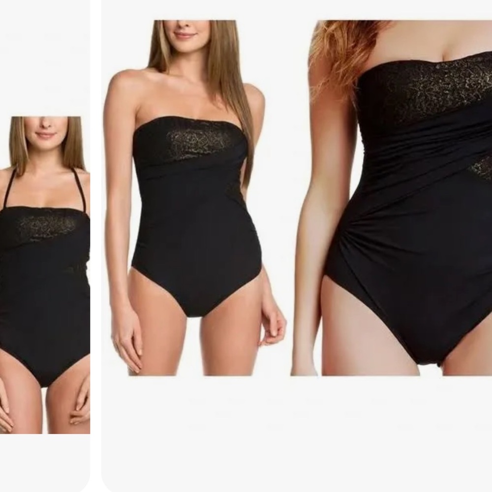 Spanx Swim Golden Hour Black&Gold Peekaboo Lace Bandeau One Piece Swim Suit🆕 - Picture 3 of 13